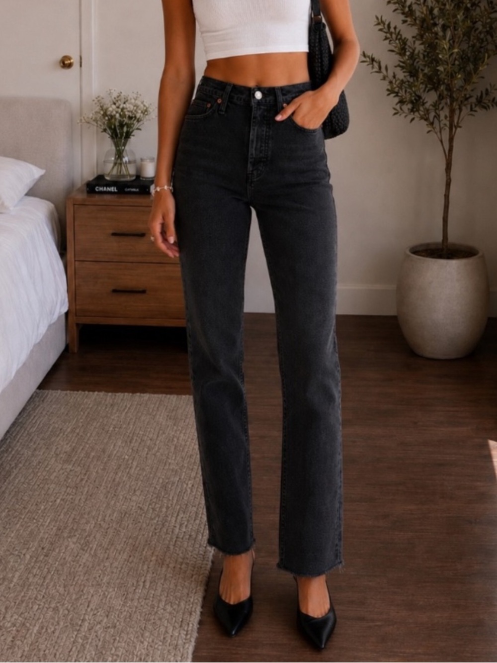 RE/DONE 70s Stove Pipe High Rise Straight Jeans Black 27